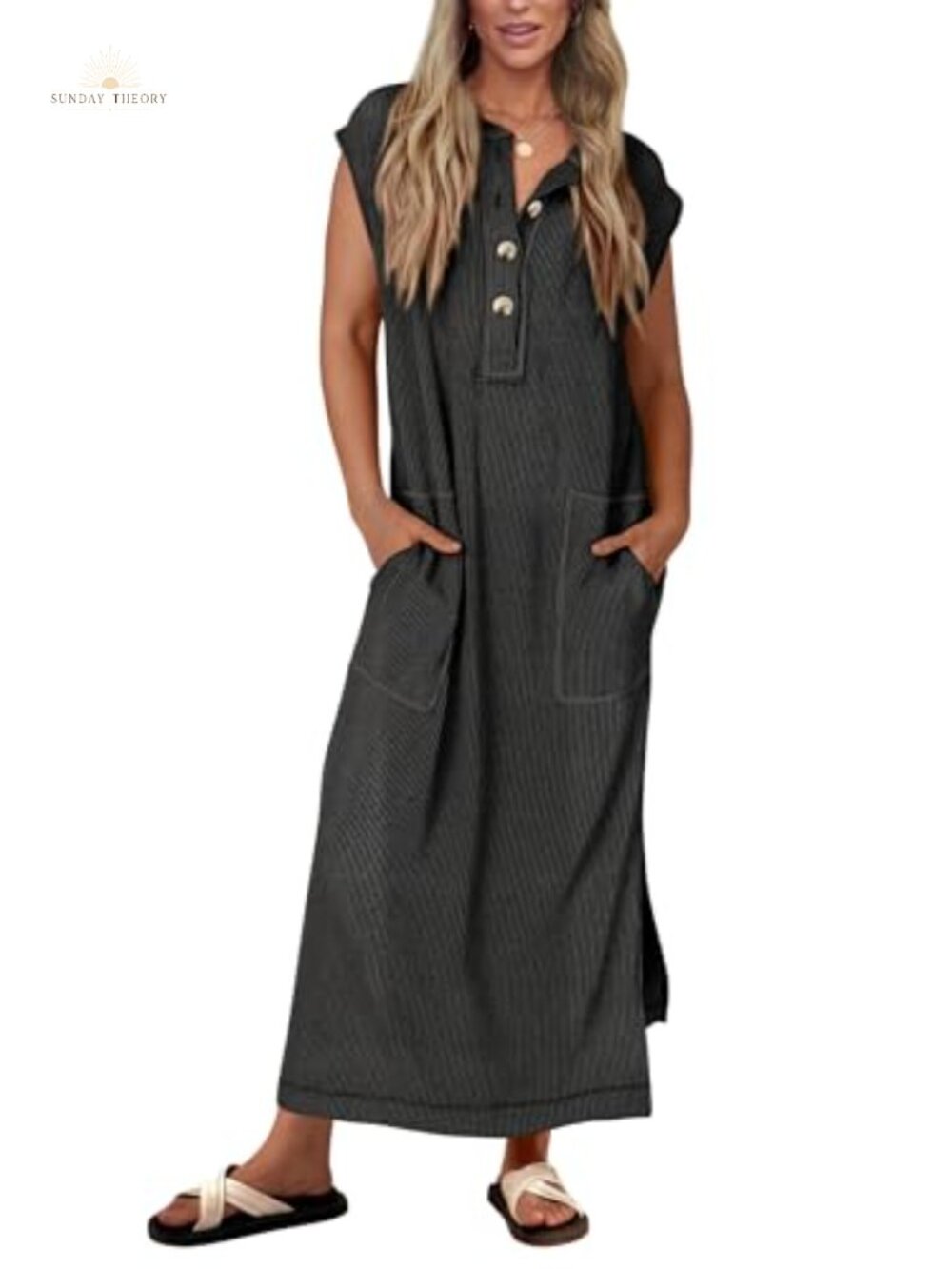 Ribbed Knit Henley Button Down Maxi Dress Short Sleeve Summer Casual